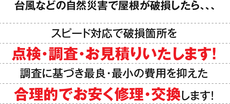 台風などの自然災害で屋根が破損したら、スピード対応で破損箇所を点検・調査・お見積りいたします！調査に基づき最良・最小の費用を抑えた合理的でお安く修理・交換します！