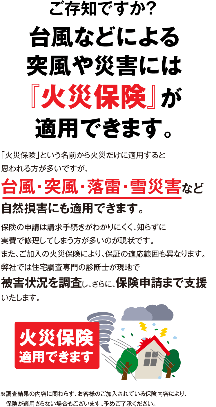 ご存知ですか？台風などによる突風や災害には「火災保険」が適応できます。